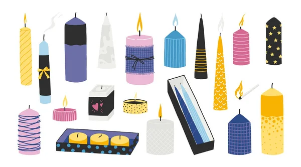 Doodle velas. Spa y relajante luz de las velas. Romántica decoración nocturna con elementos gráficos de diferentes formas y tamaños. Luminarias de cera o parafina. Vector celebración conjunto de luz — Archivo Imágenes Vectoriales