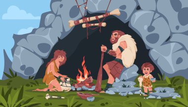 Eski insanlar sahnesi. Tarih öncesi taş devri ailesinin karikatür geçmişi. Ahşap kulübe ve mağara. Taş ya da kemik aletleri ve silah. Paleolitik uygarlık insanları. Vekil anne ve baba ve çocuk