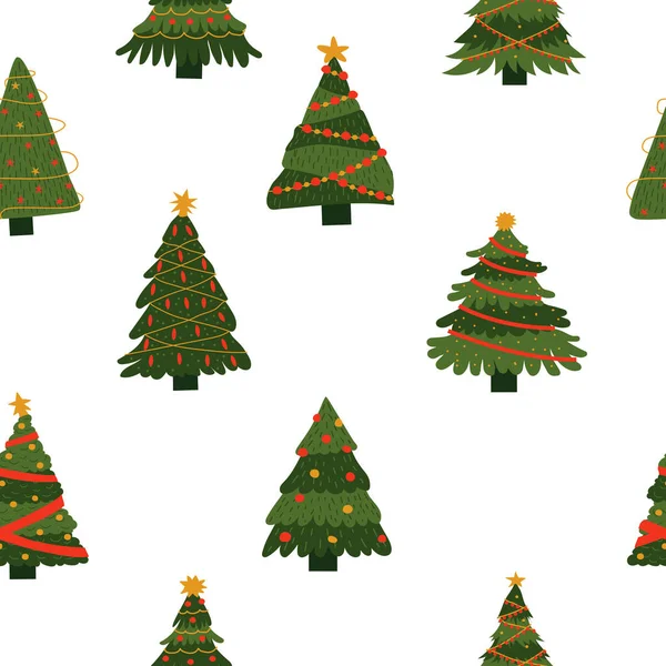Nowy rok bezszwowy wzór drzewa. Boże Narodzenie zielone świerki dekoracyjne tło dla prezentów, szczęśliwych prezentów świątecznych i kartki okolicznościowe. Tekstylia dekoracyjne, papier pakowy, druk wektorowy — Wektor stockowy