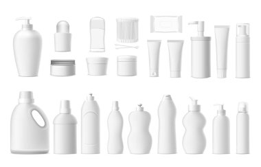 Kozmetik konteynırlar. Markalaşmak için gerçekçi beyaz plastik şişeler. Deterjan ve sabun ambalajı. Nemlendirici ya da losyon tüpleri. Ev yapımı kimya kavanozları. Vektör 3B paketleri ayarlandı