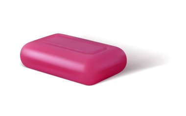 Duş için gerçekçi sabun kalıbı. Hijyen Kozmetik 3 boyutlu ürün pembe renk, katı deterjan modeli, banyo tuvaletinde el yıkama vücut bakımı objesi, vektör izole edilmiş illüstrasyon