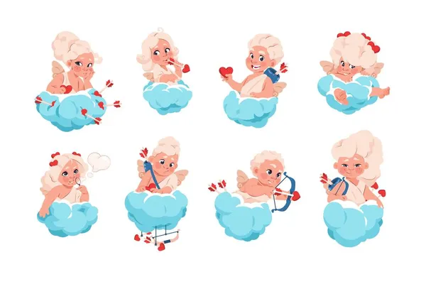 Valentijn Cupido. Cartoon baby engel van de liefde zitten op wolken met boog en pijlen. Grappige liefde en romantiek symbool. Cherubs schieten in hun hart. Vector matchmaker mythologie karakters set — Stockvector