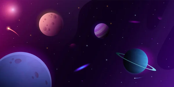 漫画空間の背景。エイリアン惑星と星空。小惑星と星雲。SF銀河壁紙。コスモス星間探査。ベクトル宇宙の夜の雰囲気 — ストックベクタ