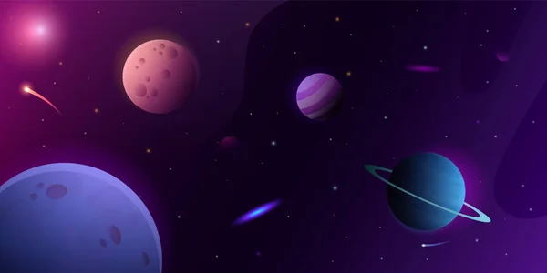 Cartoon-Weltraum Hintergrund. Sternenhimmel mit außerirdischen Planeten. Asteroiden und Nebel. Science-Fiction-Galaxie Tapete. Interstellare Erforschung des Kosmos. Vektor kosmische Nachtatmosphäre — Stockvektor