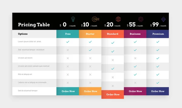 Tabela de comparação. Plano de negócios tabela de preços e gráfico. Banner web de comparação de preços e custo de serviços. Lista de verificação de características. Promoção infográfico mockup. Folha de cálculo do produto vetorial —  Vetores de Stock