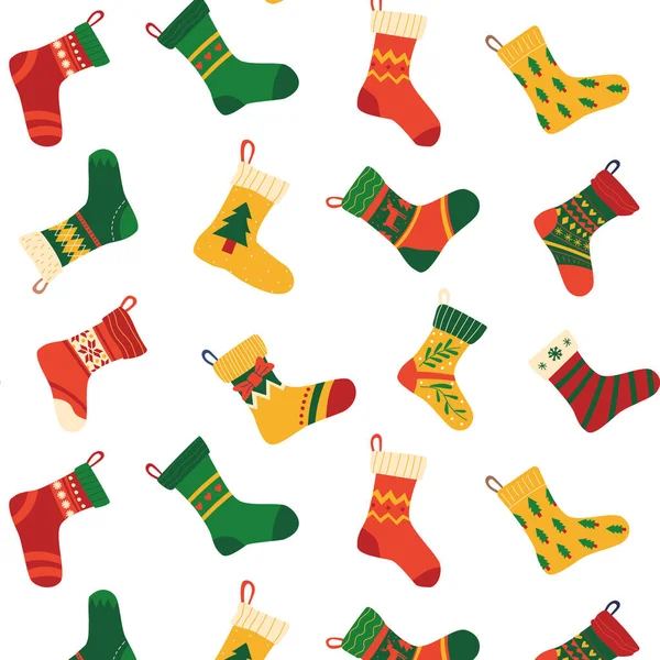 Christmas socks pattern. Seamless background with contemporary doodle celebration stocking for New Years presents. Winter texture for greeting cards. Decor textile vector xmas print — Stock Vector