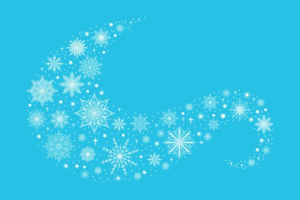 Viento de copo de nieve. Elemento estrella de invierno de dibujos animados. Ola de nieve congelada. Ventisca remolino. Decoración curva de Navidad y Año Nuevo. Cae brillo festivo nevado. Banner de rizo de tormenta de nieve vector — Vector de stock