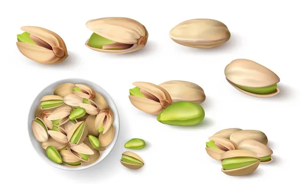 Pistachio realistis. Kacang panggang 3D dalam shell. Mockup penutup untuk desain paket atau iklan makanan sehat. Camilan sehat vegetarian. Tanaman organik benih unshelled. Pisit vektor ditata - Stok Vektor