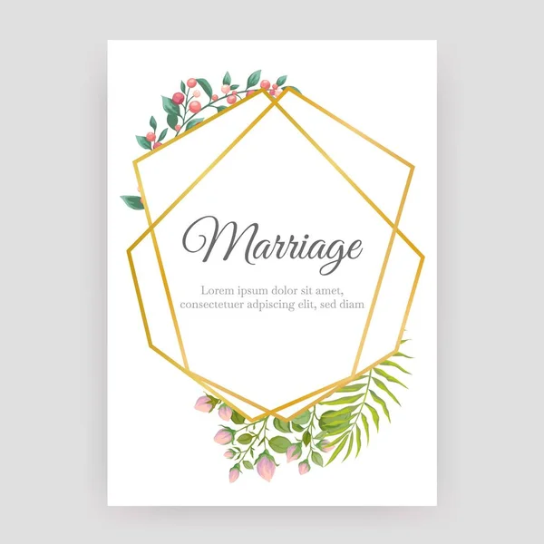 Wedding floral poster. Marriage celebration invitation. Postcard design with gold geometric shape and cute flowers. Botanical elements and calligraphic lettering. Vector greeting card — Stock Vector