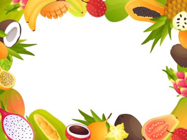 Egzotik meyve çerçevesi. Çizgi film tropikal yiyecek sınırında. Tatlı ananas ve mango. Olgun guava ya da incir. Hindistan cevizi ve mangosteen. Restoran ve bar menüsü çerçevesi. Vektör yaz arkaplanı