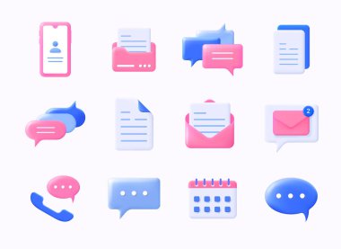 Gerçekçi mesaj simgeleri. Üç boyutlu plastik sohbet sembolleri. Mobil SMS iletişim konuşma balonu. Bilgi bildirimi ve e- posta arayüzü öge şablonları. Vektör akıllı telefon işaretleri ayarlandı