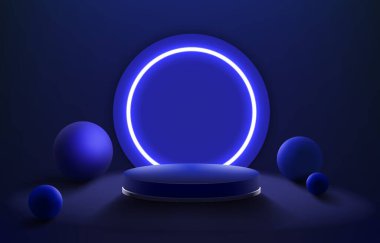 Gerçekçi bir aşama. Ürün sunumu ve müze sergisi için boş 3D podyum modeliyle soyut bir arkaplan. Neon ışıkla aydınlatılmış yuvarlak platform. Vektör showroom temeli