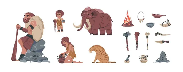 Primitiva män. Tecknad förhistorisk familj med antika sten och ben verktyg. Vapen och djur. Mammut- och sabeltandad tiger. Vilda föräldrar med pojke. Vektor neandertalare satt — Stock vektor