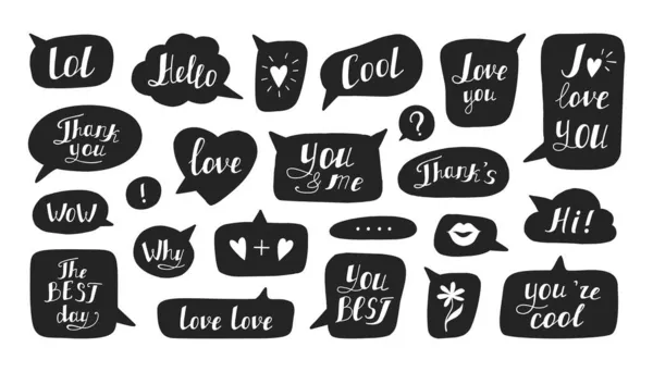 Speech bubble. Hand drawn text message and social media chat retro dialog cloud with handwritten phrase. Black and white quotes frames. Calligraphic lettering. Vector graphic elements set — Stock Vector