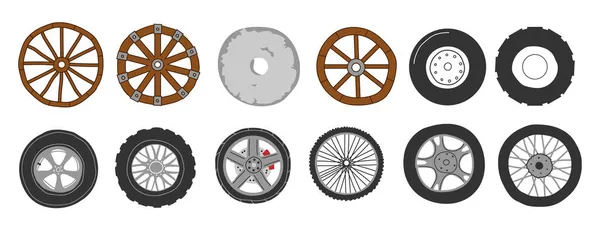 運搬用車輪だ。人形車のオートバイや自転車のタイヤ。異なる自動車リムとタイヤタイプ。古代の車輪だ。木製の金属や石の円の発明。ベクトル車両部品セット — ストックベクタ