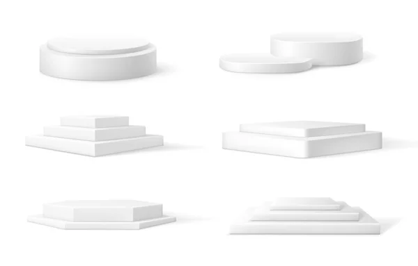 Realistický podstavec. 3D bílé prázdné pódium. Cylinder vítěz etapy a kolo prezentační platforma. Geometrický čtverec nebo polygonální výstavní základna maketa pro akci. Vektorová scéna je nastavena — Stockový vektor