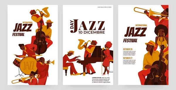 Jazz posters. Music concert flyer. Festival orchestra performers. Retro band with singers and musicians. Advertising banners design. Vector contemporary musical performance placards set — Stock Vector