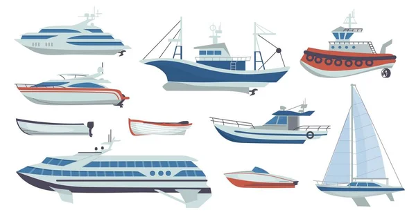 Gemiler ve tekneler. Çizgi film yolcu taşımacılığı. Yelkenli ya da balıkçı teknesinin yan görüntüsü. Deniz aracı tipleri ayarlandı. Yat ve okyanus yolculuğu yolcu gemisi şablonu. Vektör motorlu tekne koleksiyonu — Stok Vektör