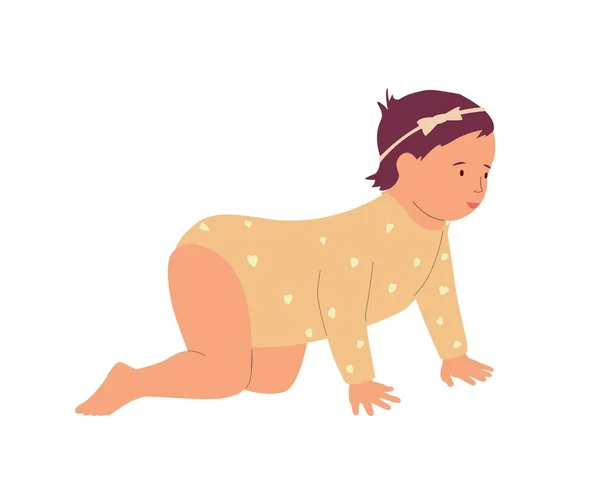 Χαριτωμένο κοριτσάκι σέρνεται στο πάτωμα. Το παιδί των κινουμένων σχεδίων μαθαίνει να περπατάει. Απομονωμένο αξιολάτρευτο παιδί στο Romper. Ενέργειες για βρέφη. Ανθρώπινη ανάπτυξη. Διάνυσμα γονικής μέριμνας και νηπιακής ηλικίας — Διανυσματικό Αρχείο