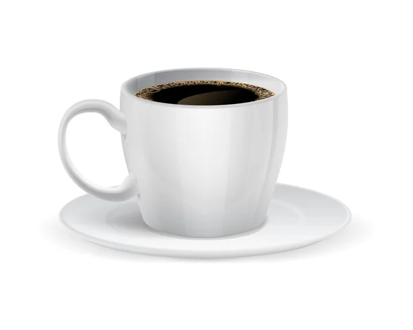 Xícara realista com café preto. Caneca de café branco e pires. Louça cerâmica para bebidas com cafeína. Vista lateral de louça de porcelana. Elemento de menu da cafetaria. Serviço de bebidas vetoriais — Vetor de Stock