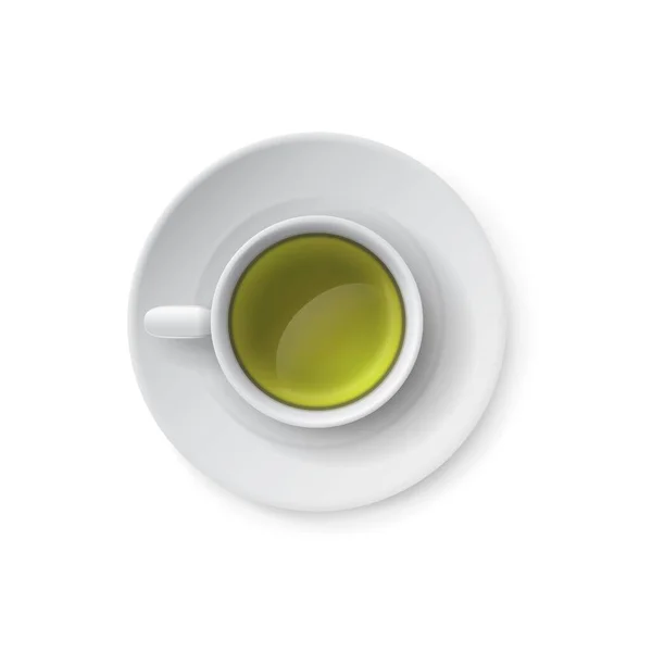 Реалистичная белая чашка с напитком маття и блюдцем. Вид сверху фарфоровой кружки. Зеленый чай латте. Горячий напиток с пеной. Элемент меню бара кафе. Векторный макет керамической посуды — стоковый вектор