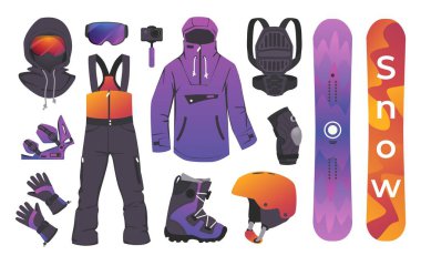 Kış spor malzemeleri. Atletizm için kayak malzemeleri ve giysiler. Bağlayıcı botlar. Kask ve gözlük. Sırt çantası ve snowboard. Sıradışı dağ seyahati koleksiyonu. Vektör giysi seti