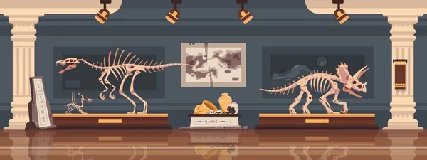 Interno del museo. Mostra paleontologica con scheletro di dinosauro preistorico. Fossili e scoperte archeologiche. Artefatti storici e scudi su piedistalli. Sala scientifica vettoriale — Vettoriale Stock