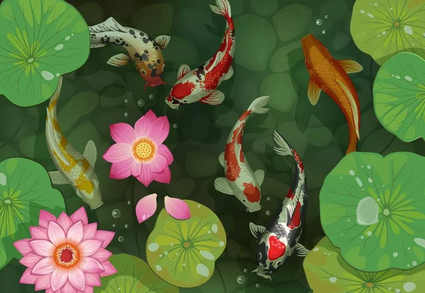 Goldener Karpfen Hintergrund. Traditioneller Teich mit Koi-Fischen und Lotusblättern. Seerosenblumen und schwimmende Goldfische. Wasserpflanzen und -tiere. Vektorgrafik japanische und chinesische Illustration — Stockvektor