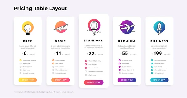 Pricing table. Products comparison chart list. Advertising banner with columns of checklist and price compare. Business host tags template. Promotion order infographic. Vector web layout — Stock Vector