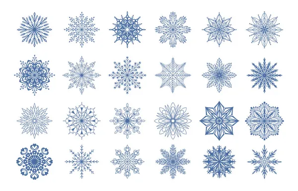 Snöflingor. Jul söt snö prydnad former, vinter is flagor symboler grafisk samling, abstrakt is kristall geometriska blå flingor. Juletid inredning. Vektor isolerad uppsättning — Stock vektor