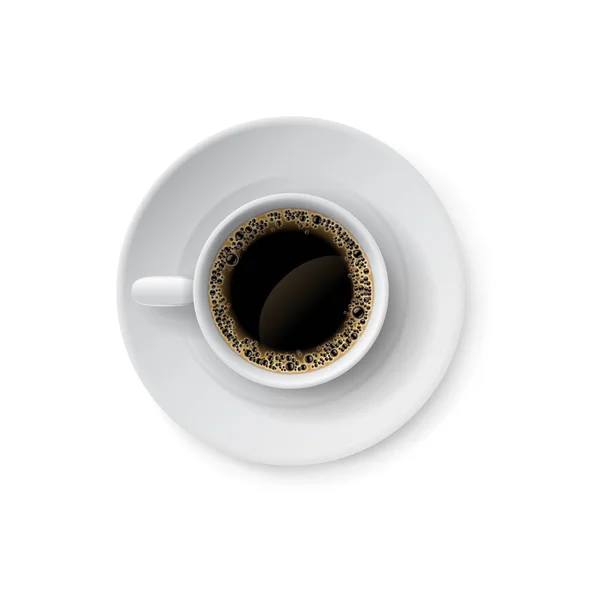Vista superior do café. Copo branco realista com bebida de café preto e pires, louça de cerâmica para bebidas quentes de cafeína. louça de porcelana com café da manhã, vetor isolado elemento 3d —  Vetores de Stock