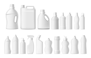 Ev kimyasalları. Gerçekçi temizlik ve deterjan boş şişelerin maketi. Bulaşık makinesi ve sıvı sabun kapları şablon. Plastik tüpler leke çıkarıcı. Vektör temizleyiciler ayarlandı
