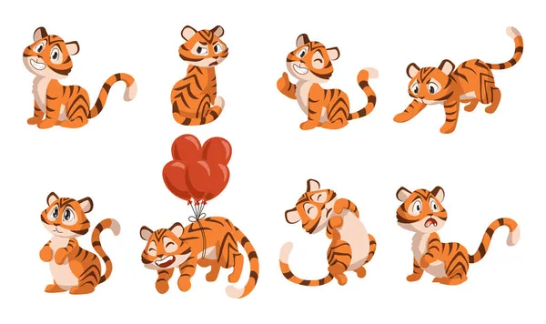 Cartoon tiger. Little funny character for New 2022 Year. Adorable happy animal posing with smile. Cute creature expressions. Kitty mascot flying on balloons. Vector wild kittens set — Stock Vector