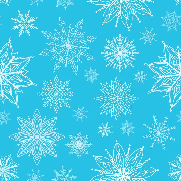 Copos de nieve patrón sin costuras. Impresión de la celebración de las fiestas de invierno para regalo, papel de regalo y tarjetas de felicitación. Frozen copos de nieve textura, vector de elementos blancos sobre fondo azul — Vector de stock