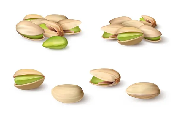 Pistacho realista. Plantilla macro gráfica de nuez vegana orgánica natural 3D para paquetes de alimentos y publicidad. Producto sano aislado de la nuez. Semilla verde en cáscara. Set de aperitivos de planta vectorial — Vector de stock