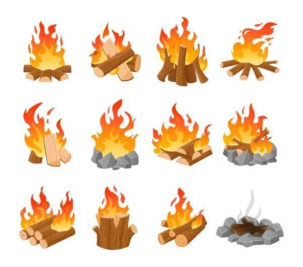 Cartoon campfire. Outdoor firewood. Forest fireplace with burning logs. Fire lighting. Night camp flaming and extinct bonfire. Fuel wood ignition. Vector isolated blazing lumbers set — Stock Vector