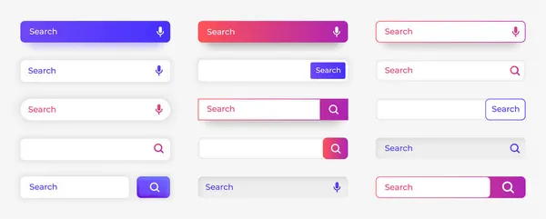 Pesquisa na Web. Site encontrando caixa de campo com cursor e botão de interface. UI gráfico quadro em branco. Ícones de lupa ou microfone. Fronteiras digitais vazias. Conjunto de elementos de página de navegação vetorial —  Vetores de Stock