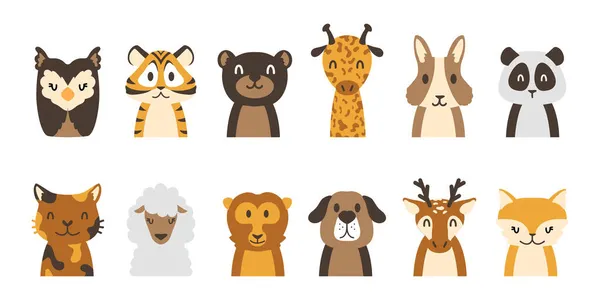 Des animaux adorables. Minimaliste personnages de la faune de bande dessinée pour les enfants fonds d'écran et textile. Mignon lion et ours. Têtes de chien ou de pingouin. Panda et koala. Les créatures forestières font face. Ensemble animaux vectoriels — Image vectorielle