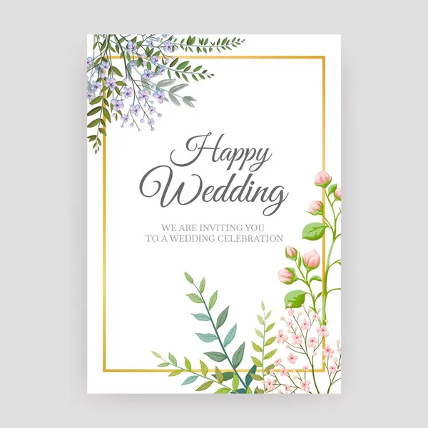 Huwelijksuitnodiging kaart. Huwelijksceremonie briefkaart ontwerp. Vierkante gouden frame en zomer bloemen. Calligrafische felicitatie belettering. Vector bruids feestspandoek met bloemdecoratie — Stockvector