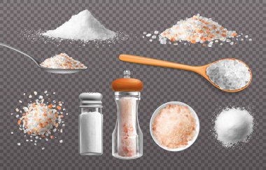 Gerçekçi tuz. Cam şişedeki yenilebilir yiyecek. Himalaya baharat yığınları ve kaşıklar. Tahıl ve deniz sodyum minerali tozu. Yemek malzemesi. Vektör 3 boyutlu mutfak baharatı seti