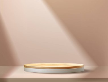 Boş ürün aşaması. Ürün reklamları için podyumlu gerçekçi 3D sahne, boş geometrik platform modeli. Temiz minimalist arkaplan, sergi standının tasarım vektörü illüstrasyonu