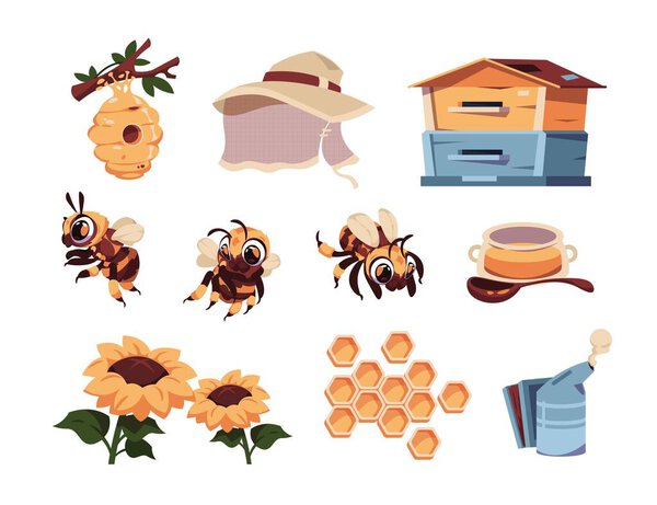 Honey bee. Cartoon cute insect mascot with hive. Apiary elements. Pot jar and spoon. Blooming sunflowers. Honeycomb and beekeepers tools. Vector flying children honeybee characters set