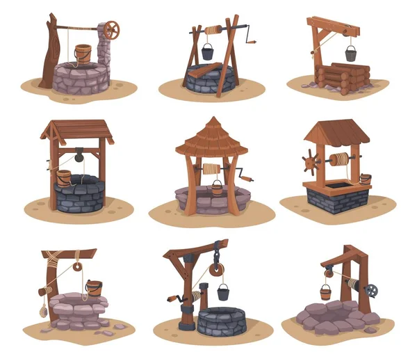 Brunnen gießen. Cartoon-Aqua-Ausrüstung aus Holz und Stein mit Eimer und Griff. Ländergruben. Dorfbau zur Trinkwassergewinnung. Vektorlandschaftselemente gesetzt — Stockvektor