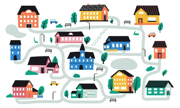 Città astratta. Carino disegnato a mano accoglienti edifici cottage con piccole finestre, porte e piccoli mattoni a muro. Doodle campagna con alberi e strade. Mappa della città illustrazione vettoriale isolata — Vettoriale Stock