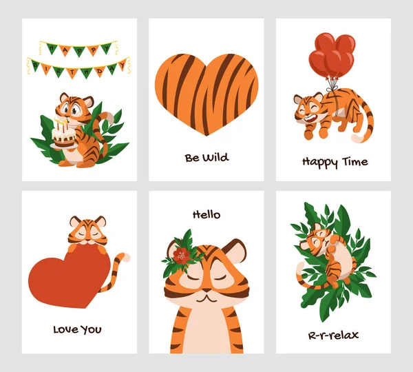 Cute tiger posters. Cartoon adorable wild animal mascot on greeting cards and invitations. Funny cat sleeping or flying on balloons. Happy kitty with love hearts. Vector postcards set — Stock Vector