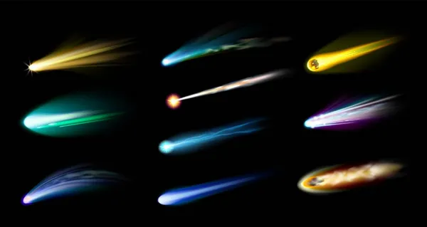 Realistische vallende ster. 3D vallende meteoorsporen. Kometen vlammen. Vuurbal licht. Meteoriet brandende atmosfeer. Asteroïde spoor sjablonen. Galactische elementen. Vector kosmos twinkelt. — Stockvector