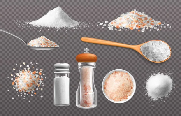 Realistic salt. Edible food seasoning in glass bottle. Himalayan condiment piles and spoons. Grains and powder of sea sodium mineral. Cooking ingredient. Vector 3D culinary spice set — Stock Vector