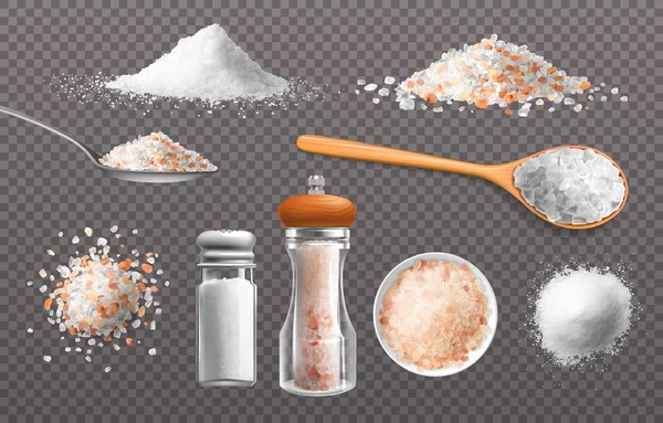 Sal realista. Sazonador de alimentos comestibles en botella de vidrio. Acondimento del Himalaya montones y cucharas. Granos y polvo de mineral de sodio marino. Ingrediente de cocina. Conjunto de especias culinarias Vector 3D — Archivo Imágenes Vectoriales