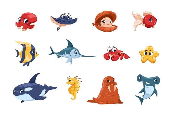 Tecknad fisk tecken. Söta undervattensdjur maskotar, stora ögon och bedårande ansikten, hav och hav livsmiljöer för barn illustration. Rolig valross och haj, vektor isolerad uppsättning — Stock vektor