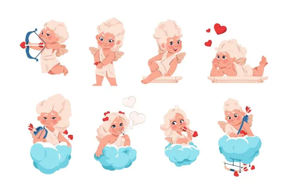 Cupido engel. Cartoon baby Valentijn symbool. Cherub karakter met boog en pijlen voor wenskaarten. Blond engelachtige matchmakers op wolken en kolommen. Vector liefde en romantiek kinderen set — Stockvector